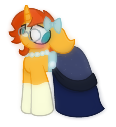 Size: 715x781 | Tagged: safe, artist:thefanficfanpony, sunburst, pony, g4, blushing, bow, clothes, crossdressing, cute, dress, floppy ears, hair bow, jewelry, necklace, simple background, transparent background