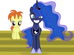 Size: 3854x2901 | Tagged: safe, artist:punzil504, indian summer, princess luna, alicorn, pony, a royal problem, g4, duo, fake smile, female, filly, grin, high res, mare, smiling, vector