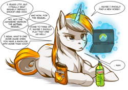 Size: 1641x1159 | Tagged: safe, artist:mykegreywolf, oc, oc only, oc:belle eve, pony, unicorn, 3ds, belle eve, chips, doritos, female, food, glowing horn, horn, magic, mare, mountain dew, neogaf, nintendo, ponified, simple background, soda, solo, speech bubble, transparent background, video game