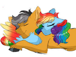 Size: 4000x3000 | Tagged: safe, artist:scarletskitty12, quibble pants, rainbow dash, earth pony, pegasus, pony, g4, eyes closed, female, male, mare, multicolored hair, prone, ship:quibbledash, shipping, simple background, smiling, snuggling, stallion, straight, white background