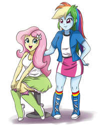 Size: 2952x3507 | Tagged: safe, artist:sumin6301, fluttershy, rainbow dash, equestria girls, g4, boots, clothes, cute, dashabetes, duo, female, high heel boots, high res, legs, multicolored hair, open mouth, shyabetes, simple background, sitting, skirt, smiling, socks, stool, striped socks, white background