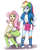 Size: 2952x3507 | Tagged: safe, artist:sumin6301, fluttershy, rainbow dash, equestria girls, g4, boots, clothes, cute, dashabetes, duo, female, high heel boots, high res, legs, multicolored hair, open mouth, shyabetes, simple background, sitting, skirt, smiling, socks, stool, striped socks, white background