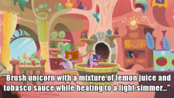 Size: 1280x720 | Tagged: safe, edit, edited screencap, screencap, spike, twilight sparkle, dragon, pony, unicorn, g4, season 1, winter wrap up, bath, bathtub, bee sting, brush, cans, female, fireplace, golden oaks library, image macro, male, meme, ouch, plate, skunk spray, stool, the twilight zone, to serve man, tomato juice, window