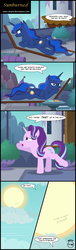 Size: 1024x3364 | Tagged: safe, artist:toxic-mario, princess luna, starlight glimmer, alicorn, pony, unicorn, a royal problem, g4, cloud, comic, signature, speech bubble, sun