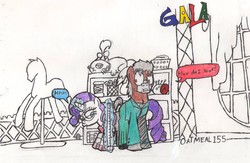 Size: 2488x1627 | Tagged: safe, artist:oatmeal155, opalescence, rarity, oc, oc:cinnamon oats, pony, g4, clothes, traditional art