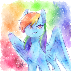 Size: 1000x1000 | Tagged: safe, artist:myralilth, rainbow dash, pony, g4, cheek fluff, ear fluff, female, smiling, solo, traditional art, watercolor painting, wings