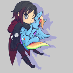 Size: 1024x1024 | Tagged: safe, artist:xmemorized, rainbow dash, human, pegasus, pony, g4, cute, dashabetes, female, mare, rose petals, ruby rose, rwby