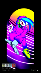 Size: 2963x5244 | Tagged: safe, artist:fundz64, dj pon-3, vinyl scratch, human, g4, baggy sweatpants, blue, clothes, female, gas mask, headphones, high res, hoodie, humanized, looking at you, mask, microsoft windows, neon, pink, prosthetics, purple, qr code, shoes, sneakers, solo, spray can, sun, vaporwave, vhs, windows 98