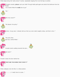 Size: 761x982 | Tagged: safe, artist:dziadek1990, pinkie pie, pumpkin cake, g4, bathroom, conversation, crying, desperation, dialogue, emote story, emotes, need to pee, omorashi, potty dance, potty emergency, potty time, punishment, reddit, slice of life, text, trotting in place