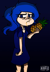 Size: 796x1140 | Tagged: safe, artist:kprovido, princess luna, human, a royal problem, g4, bags under eyes, clothes, dark background, eating, female, food, glare, grumpy, grumpy luna, humanized, messy eating, pineapple, solo