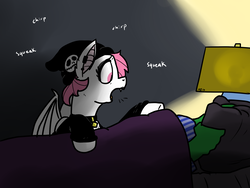 Size: 2400x1800 | Tagged: safe, artist:pony quarantine, oc, oc only, oc:anon, bat pony, pony, bed, blanket, chirp, collar, eyeliner, eyeshadow, furniture, hat, hot topic, lamp, lipstick, makeup, open mouth, pet, piercing, pillow, pink hair, pony pet, sleeping, squeak