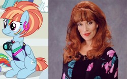 Size: 968x604 | Tagged: safe, edit, edited screencap, screencap, windy whistles, human, pegasus, pony, g4, parental glideance, season 7, camera, comparison, cropped, female, irl, irl human, katey sagal, mare, married with children, peggy bundy, photo, sitting, solo