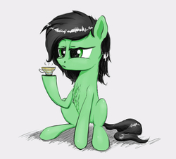 Size: 1727x1561 | Tagged: dead source, safe, artist:plotcore, oc, oc only, oc:filly anon, earth pony, pony, chest fluff, cup, female, filly, hoof hold, simple background, sitting, solo, teacup, unamused, white background