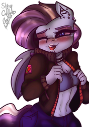 Size: 1240x1748 | Tagged: safe, artist:slynecallisto, oc, oc only, oc:splash, bat pony, anthro, belly button, blushing, clothes, commission, jacket, lighting, piercing, punk, ych result