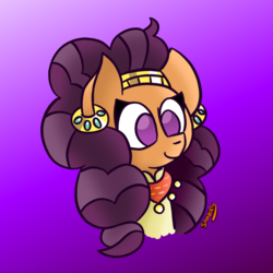 Size: 720x720 | Tagged: safe, artist:snakeythingy, derpibooru exclusive, saffron masala, pony, unicorn, g4, spice up your life, bust, drawing error, ear piercing, earring, female, gradient background, jewelry, mare, missing horn, no pupils, piercing, portrait, smiling, solo