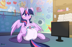 Size: 3000x1950 | Tagged: safe, artist:fluffyxai, edit, editor:hodgepodgedl, twilight sparkle, alicorn, pony, chest fluff, cute, cutie mark diapers, dialogue, diaper, female, hypnolight sparkle, hypnosis, mental regression, monitor, non-baby in diaper, nursery, poofy diaper, screen, sitting, solo, twilight sparkle (alicorn)