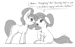 Size: 2030x1280 | Tagged: safe, artist:dsp2003, oc, oc only, oc:brownie bun, changeling, earth pony, pony, horse wife, angry, changeling oc, comic, disguise, disguised changeling, female, grayscale, mare, monochrome, scrunchy face, single panel, sketch