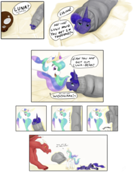 Size: 2135x2739 | Tagged: safe, artist:testostepone, princess celestia, princess luna, alicorn, dragon, pony, g4, :<, blanket burrito, celestia is amused, clothes, comic, dialogue, female, high res, luna is not amused, mare, silly, silly pony, stuck, sweater, varying degrees of amusement