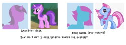 Size: 1766x634 | Tagged: safe, derpibooru exclusive, amethyst star, sparkler, star swirl, earth pony, pony, unicorn, g4, comparison, derpibooru background pony icon, raised hoof, smiling