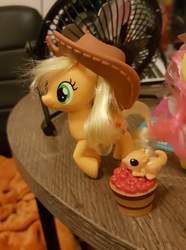 Size: 1072x1440 | Tagged: safe, applejack, pony, squirrel, g4, apple, brushable, food, hat, irl, photo, solo, toy