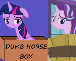 Size: 1733x1402 | Tagged: safe, screencap, starlight glimmer, twilight sparkle, alicorn, pony, totally legit recap, a royal problem, g4, box, bucket, comparison, drama, floppy ears, pony in a box, sad, starlight drama, twilight sparkle (alicorn)