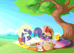 Size: 2800x2000 | Tagged: safe, artist:ogaraorcynder, rarity, twilight sparkle, alicorn, pony, unicorn, g4, alternate hairstyle, basket, colored wings, cup, female, food, fruit, hat, high res, juice, lesbian, levitation, looking at each other, magic, mare, mountain, multicolored wings, open mouth, outdoors, picnic, prone, ribbon, sandwich, ship:rarilight, shipping, sky, smiling, telekinesis, tree, twilight sparkle (alicorn)