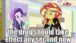 Size: 1920x1080 | Tagged: safe, edit, edited screencap, screencap, starlight glimmer, sunset shimmer, equestria girls, equestria girls specials, g4, my little pony equestria girls: mirror magic, canterlot mall, caption, drugs, food, ice cream, image macro, meme, teletoon