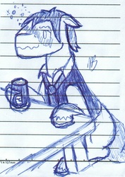 Size: 741x1045 | Tagged: safe, artist:wyntermoon, pony, blushing, clothes, drink, drunk, lined paper, pen draw, sitting, sketch, table, traditional art