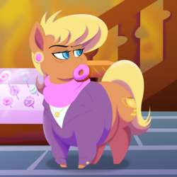 Size: 2000x2000 | Tagged: dead source, safe, artist:7los7, ms. harshwhinny, earth pony, pony, g4, donut, ear piercing, earring, fat, female, food, high res, jewelry, mare, mouth hold, ms. lardwhinny, piercing, plump, solo, sugarcube corner