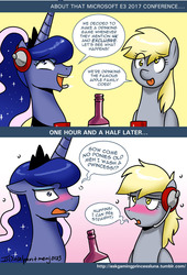 Size: 700x1027 | Tagged: safe, artist:johnjoseco, derpy hooves, princess luna, pony, ask gaming princess luna, g4, alcohol, blushing, comic, cute, derpabetes, dialogue, drinking game, drunk, e3, lunabetes, speech bubble, underp