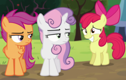 Size: 1024x650 | Tagged: safe, screencap, apple bloom, scootaloo, sweetie belle, pony, brotherhooves social, g4, cutie mark crusaders, grin, nervous, nervous smile, smiling, unamused
