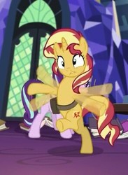 Size: 295x402 | Tagged: safe, screencap, starlight glimmer, sunset shimmer, pony, unicorn, equestria girls, equestria girls specials, g4, my little pony equestria girls: mirror magic, bag, bipedal, cropped, flailing, in the human world for too long, library, silly, silly pony, stumbling