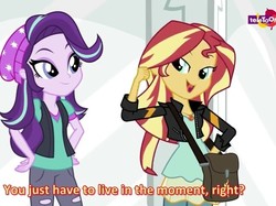 Size: 641x480 | Tagged: safe, screencap, starlight glimmer, sunset shimmer, equestria girls, equestria girls specials, g4, my little pony equestria girls: mirror magic, bag, clothes, duo, duo female, female, hand on hip, hat, jacket, pants, smiling, subtitles, teletoon