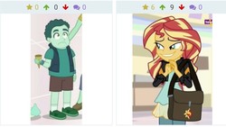 Size: 680x383 | Tagged: safe, edit, edited screencap, screencap, leafy mint, mint chip, sunset shimmer, derpibooru, equestria girls, equestria girls specials, g4, my little pony equestria girls: mirror magic, background human, bag, clothes, food, ice cream, juxtaposition, male, meta, offscreen character, pure unfiltered evil, shoes, shorts, smiling