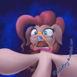 Size: 1071x1071 | Tagged: safe, artist:deathpwny, pinkie pie, earth pony, pony, 28 pranks later, g4, cookie, cookie zombie, female, floppy ears, food, rainbow muzzle, solo