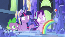 Size: 960x540 | Tagged: safe, edit, edited screencap, screencap, spike, starlight glimmer, twilight sparkle, alicorn, dragon, pony, unicorn, a royal problem, g4, season 7, animated, barely animated, cutie map, cutie mark, frown, gif, grimace, implied sunset shimmer, loop, perfect loop, raised hoof, shrunken pupils, sparkles, this will end in tears, trio, twilight sparkle (alicorn), wide eyes