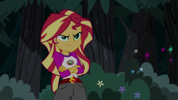 Size: 1280x720 | Tagged: safe, screencap, sunset shimmer, equestria girls, g4, my little pony equestria girls: legend of everfree, camp everfree outfits, clothes, crossed arms, female, night, scenery, shorts