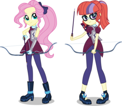 Size: 7500x6515 | Tagged: safe, artist:limedazzle, fluttershy, moondancer, dancerverse, equestria girls, g4, my little pony equestria girls: friendship games, absurd resolution, alternate hairstyle, alternate universe, archery, arrow, boots, bow (weapon), bow and arrow, clothes, equestria girls-ified, female, glasses, gloves, high heel boots, shoes, show accurate, simple background, transparent background, weapon, yellow skin