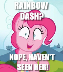 Size: 340x390 | Tagged: safe, edit, edited screencap, screencap, pinkie pie, earth pony, pony, fanfic:cupcakes, g4, blatant lies, cropped, image macro, implied death, meme