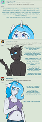 Size: 1000x2862 | Tagged: safe, artist:askbubblelee, oc, oc only, oc:bubble lee, oc:imago, changeling, unicorn, anthro, anthro oc, belly button, changeling oc, clothes, deviantart, dialogue, disguise, disguised changeling, fangs, female, freckles, mare, midriff, shirt lift, solo, tank top