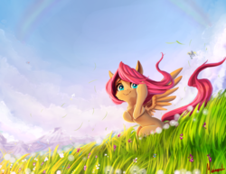 Size: 1400x1080 | Tagged: safe, artist:miokomata, derpy hooves, fluttershy, pony, cute, cute little fangs, fangs, female, grass, head turn, looking at you, mare, shyabetes, sitting, sky, smiling, solo focus, spread wings, windswept mane, wings