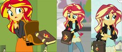Size: 1200x507 | Tagged: safe, screencap, sunset shimmer, equestria girls, equestria girls specials, g4, mirror magic, my little pony equestria girls: friendship games, my little pony equestria girls: rainbow rocks, backpack, bag, book, diary, geode of empathy, magical geodes
