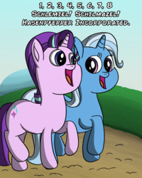 Size: 2400x3000 | Tagged: safe, artist:saburodaimando, starlight glimmer, trixie, pony, unicorn, g4, caption, chanting, female, happy, high res, laverne and shirley, mare, trotting