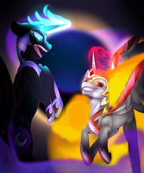 Size: 2500x3000 | Tagged: safe, artist:digiko-kagami, daybreaker, nightmare moon, alicorn, pony, a royal problem, g4, armor, duo, female, high res, magic, mane of fire, mare, open mouth
