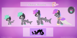 Size: 5140x2586 | Tagged: safe, artist:raspberrystudios, oc, oc only, oc:ekaiira moondots, original species, shark pony, baby, clothes, commission, dress, female, filly, flower, flower in hair, gala dress, height difference, high res, reference sheet