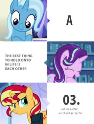Size: 3106x4096 | Tagged: safe, starlight glimmer, sunset shimmer, trixie, pony, unicorn, g4, eyes closed, high res, magical trio, smiling