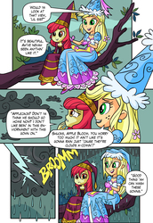 Size: 1755x2554 | Tagged: safe, artist:art-2u, apple bloom, applejack, equestria girls, for whom the sweetie belle toils, g4, look before you sleep, apple sisters, clothes, cloud, comic, dress, female, flower, flower in hair, froufrou glittery lacy outfit, gloves, gown, hat, hennin, high heels, i can't believe it's not idw, jewelry, lightning, necklace, princess, princess apple bloom, princess applejack, rain, siblings, sisters, sitting, soaked, tempting fate, thunder, tree, tree branch, unamused, wet, wet clothes, wet hair