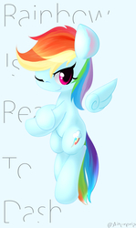 Size: 2200x3700 | Tagged: safe, artist:aitureria, rainbow dash, pegasus, pony, g4, cute, female, floating wings, high res, looking at you, one eye closed, simple background, smiling, solo, text, wallpaper, wings