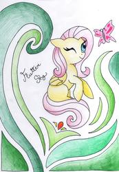 Size: 2378x3437 | Tagged: safe, artist:coffytacotuesday, fluttershy, butterfly, pony, g4, female, high res, solo, traditional art