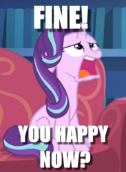 Size: 384x526 | Tagged: safe, edit, edited screencap, screencap, starlight glimmer, pony, every little thing she does, g4, annoyed, cropped, grumpy, image macro, meme